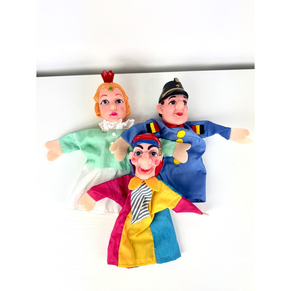 Vintage Hand Puppet Lot of 3 Clown Jester Princess Queen Police Plastic Euro‎